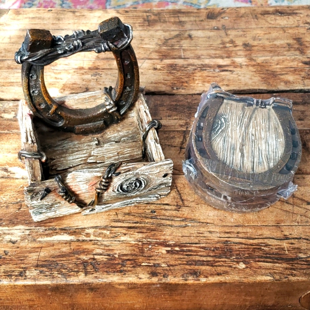 Rustic western coaster set with horseshoe and barbed wire motif.